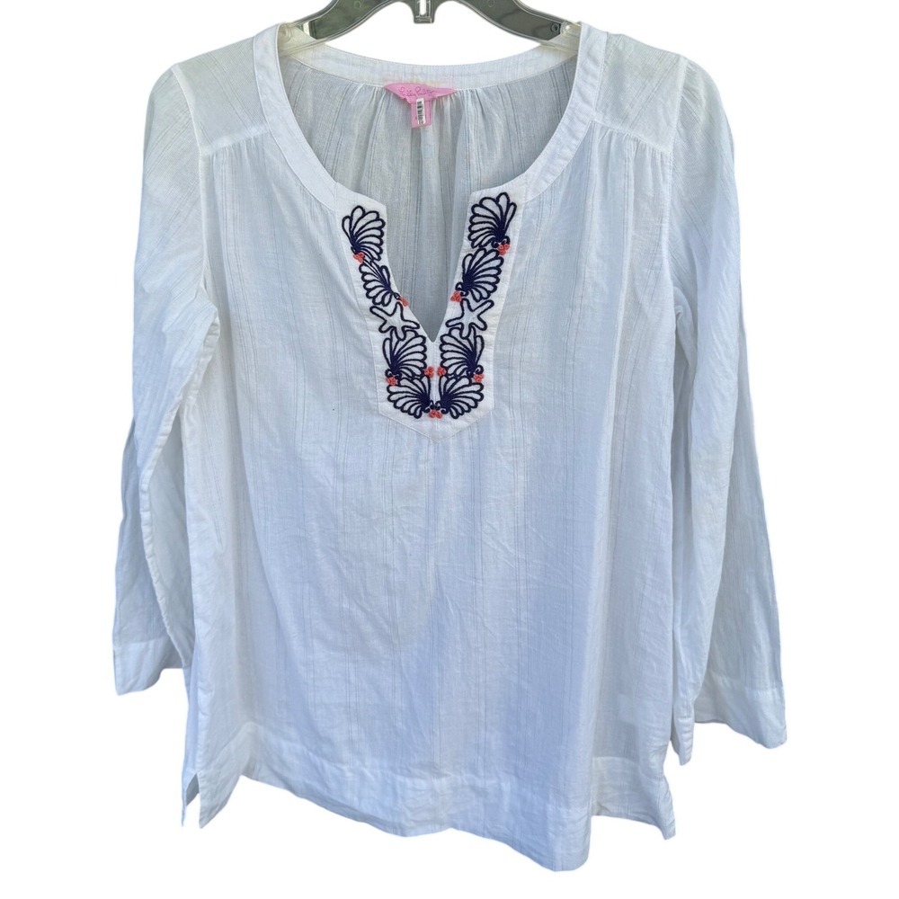 LILLY PULITZER "Thandie" Tunic, Embroidered Long Sleeve, Land and Sea, Size Med